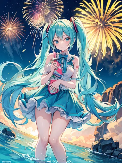 Hatsune Miku holding a birthday cake. Fireworks in the background.