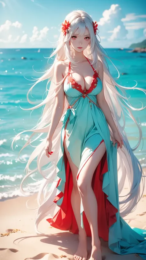 Long white hair, red eyes, woman, adult, turquoise  summer dress, large breasts, beach