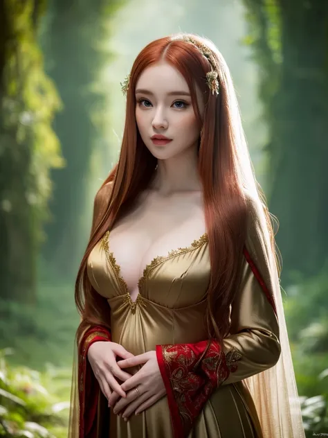 a beautiful redheaded asian girl pregnant, VERY LONG and VERY VERY VERY SILKY HAIR, very elegant elf dress, dense forest, no sunlight, pretty hands, detailed face and eyes, very big tits (best quality,4k,8k,highres,masterpiece:1.2),ultra-detailed,(realisti...