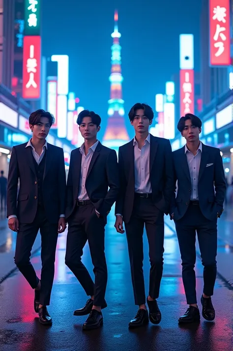 create an image of a Jpop group with only 4 men.standing showing the whole body, with different poses on a background with Tokyo buildings in neon blue colors