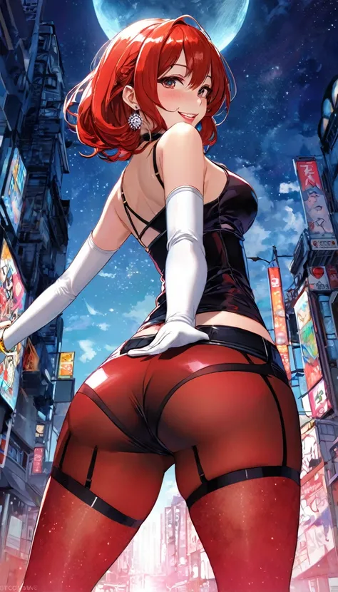 from behind, On her knees, her hair flying, her left hand pointing to the sky, the anime girl is a solitary presence. Jeweled earrings and white gloves adorn her wrists. Her thigh straps peek out from under her shorts and pantyhose, and she smiles and look...