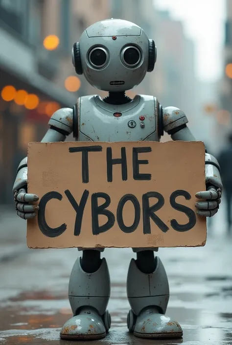 
gray robot holding a sign saying The Cyborgs