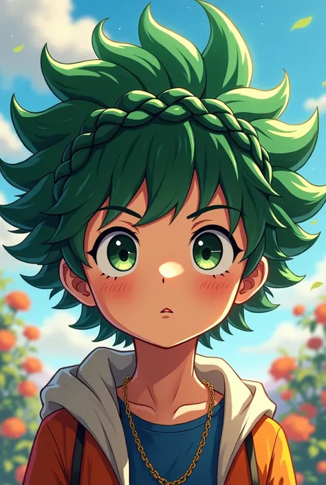 Deku, curly green haired boy with braid crown of the same color as his hair and freckles anime 