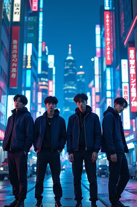 create an image of a Jpop group with only 4 men.Standing showing full body against a background of Tokyo buildings in neon blue colors, comfortable clothes and different poses 