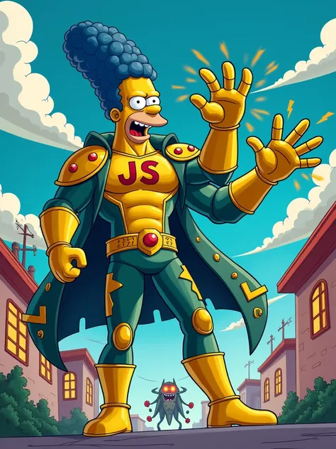 a javascript developer as super hero with letters "JS" on chest and yellow and blue colors fighting against a javascript bug monster in simpsons style