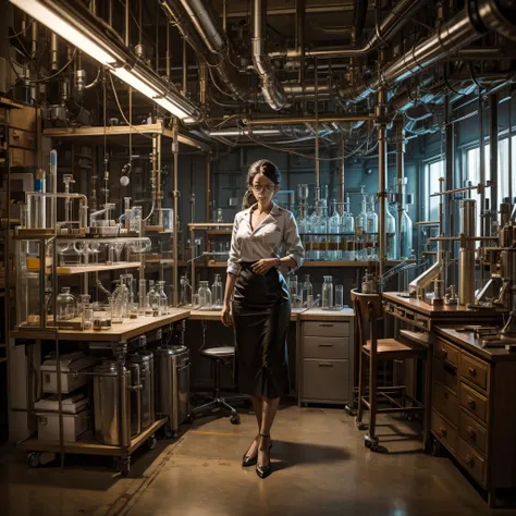 
a woman scientist with glasses is in her laboratory, in the laboratory there are test tubes and stills, the scientist is busy creating some surreal creatures in the laboratory