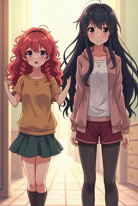  4 images of 3 girls, 1 short height long curly reddish hair, 1 medium height long black hair, 1 tall height long black hair, all in the position of heroines, in the background a big brother style reality show, make the images in anime style