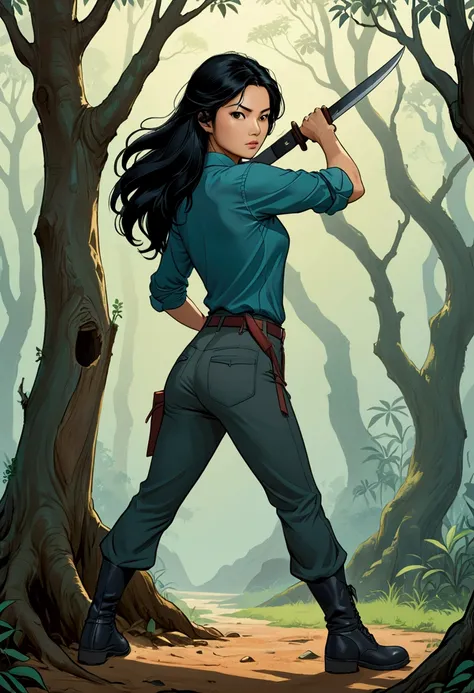 A beautiful and athletic young Asian woman in the Sarah Kay style, with long black hair, delicate Asian features, dressed in a petrol-colored shirt and dark gray pants, and dark boots, is standing with her back to a tree, hiding, with a machete in her hand...