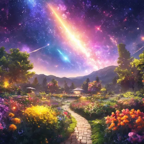 masterpiece, Concept Art, Panorama, in the center, shape, Wide Shot, garden, night, (meteor), Space galaxy background, (Great composition, Epic scale), ((No living organisms))、Dynamic Lighting, Bright colors, Mimosa ,landscape