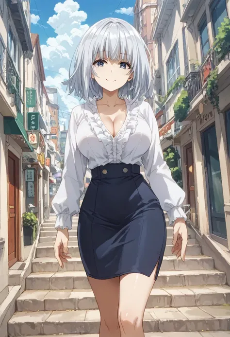 masterpiece, best quality, beta, silver hair, white shirt, frills, pencil skirt, cleavage, large breasts, walking, stairs, city street, clouds, sky, looking at viewer, smile
