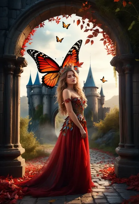 A dynamic knees-up pose of a beautiful 20-year-old woman with messy dark blonde hair, set in a mystical fantasy landscape. She is in front of a portal that leads to a magical castle, surrounded by an enchanting atmosphere. The woman has striking, detailed ...