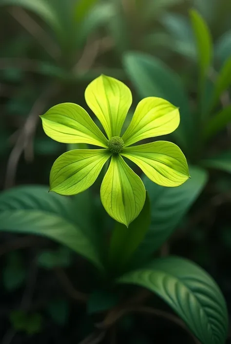 a single flower of 12 leafs in green color with real natural background