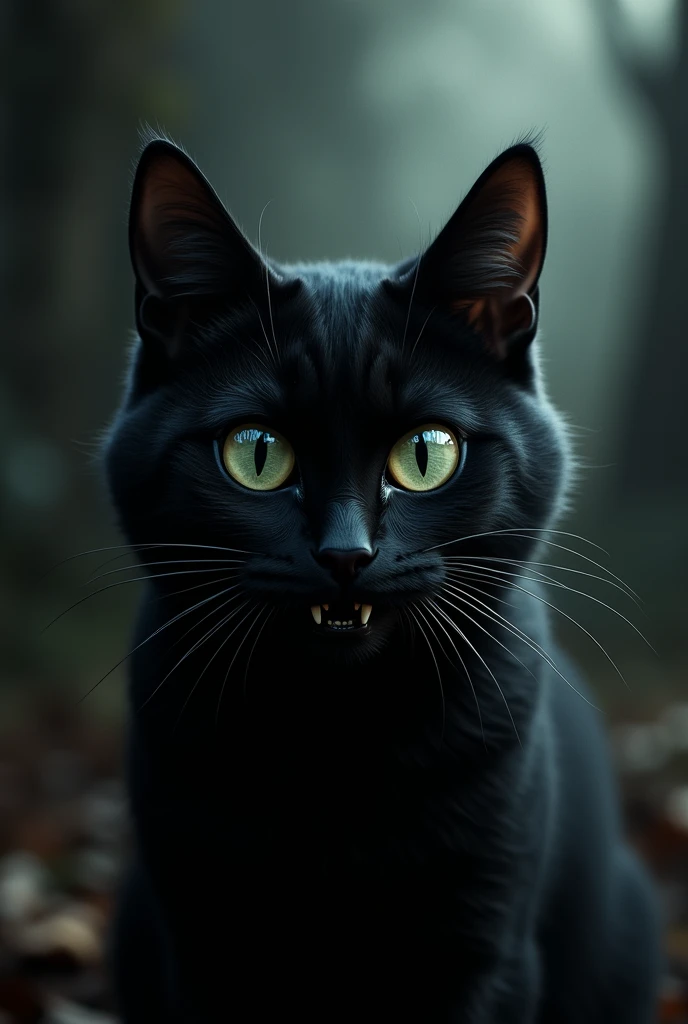 Generates image of a black cat with bulging eyes and scary