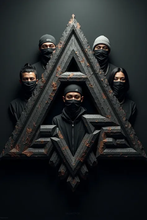 3D brand logo with title Family Gve, inside a triangle. Sinister with illusion. Add a group of young people with gringo rapper styles with bandanas over their faces.