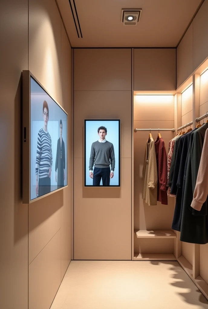 Design a small fitting room inside a store and inside the fitting room there must be a smart screen in the image, Screens should be wall mounted or integrated into the fitting room furniture, showing the option to request different sizes or colors without ...