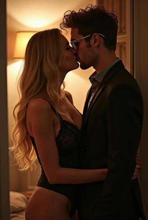 It makes a busty skinny American blonde woman with an outfit showing her breasts and she is kissing on the mouth of a boy with glasses