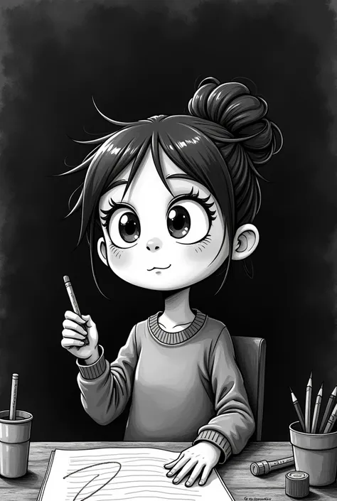 girl dark monochrome black background rough sketch flat quality diverse lines explaining fig pencil can eraser desk cartoon journal