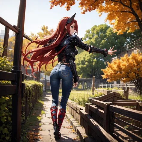 Create a full-body anime-style image of a 20-year-old human woman named Sylara Stormblade, seen from the back. She has long, straight red hair and an athletic build. Sylara is wearing studded armor on her upper body, tight dark blue jeans, and high red lac...