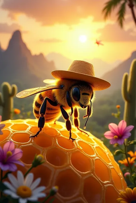 Create a hyper-realistic image of an Africanized honeybee, with the body covered in grains of golden pollen, landing on a honeycomb , made of pure and golden wax. The bee, with a kind smile and big, bright eyes, wears a sun-cracked leather hat, adorned wit...