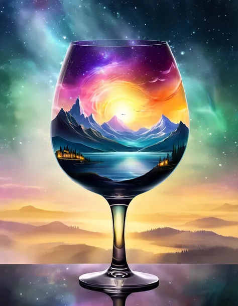 create a celestial scene within a wine glass, featuring a surreal landscape with mountains and an aurora sky. the background inc...