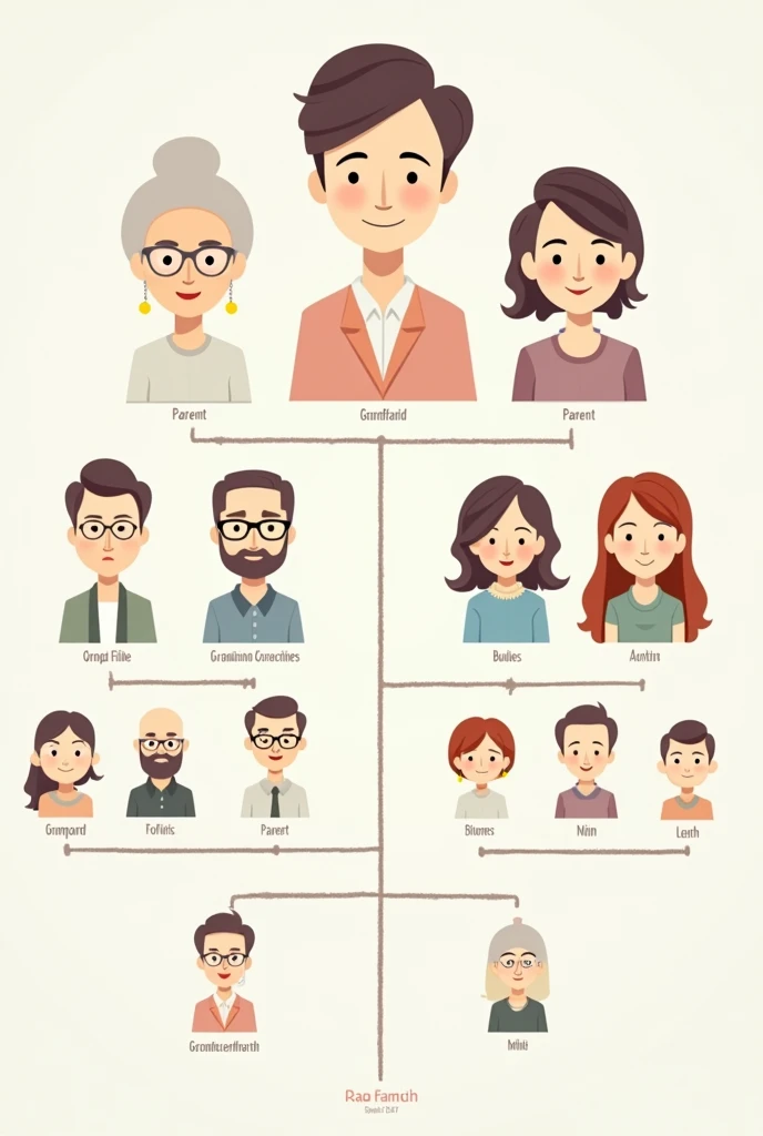 I want a family tree naming everything in the following way so that they detach from each other, Dad&#39;s family: grandfather, grandmother. Mom and Dad: me and my brother. uncle 1: 1 child, aunt 2: 3 children, two boys and a girl, aunt 4: 1 child, aunt 5:...