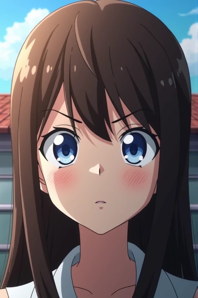 Screenshot of my hero academia, blue eyed girl, Long straight brown hair, expression would be 