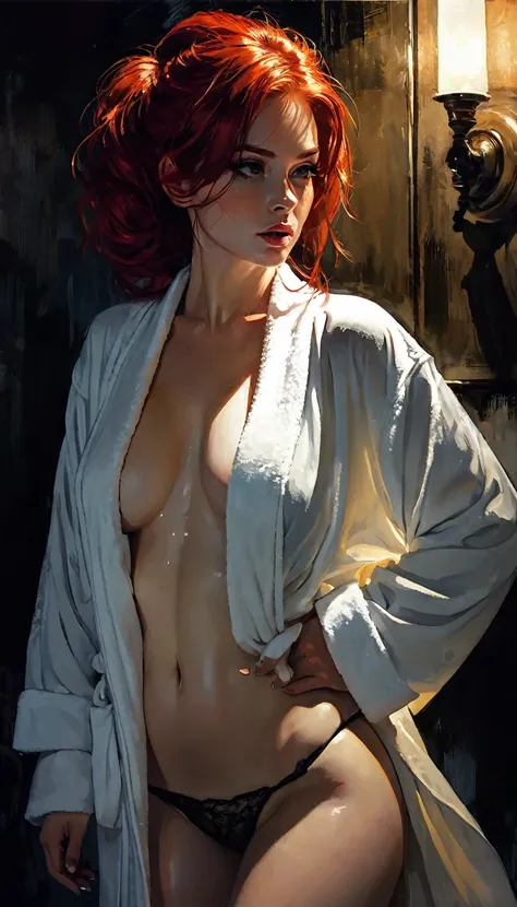 bath_room,bathrobe,blush,beautiful_red_hair,beautiful_light_brown_eyes,1_beautiful_girl,cute_face,pretty_face,beautiful,perfect_quality,perfect_anatomy,perfect_body,tsurime , eroticism, sexy, black and white image, between shadows, oil painting, chiaroscur...