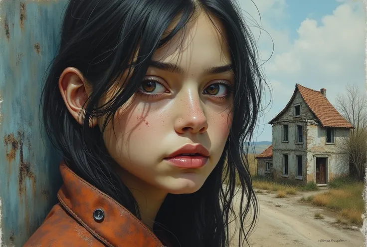 Highly detailed oil painting of a desolate  and weary girl with worn out facial features, in the style of Bill  Carman, Richard Burlet, Brian M. Viveros, Cyril Rolando, featuring  double exposure with an old and poor town,  dehazed, sharp  focus, HDR, high...