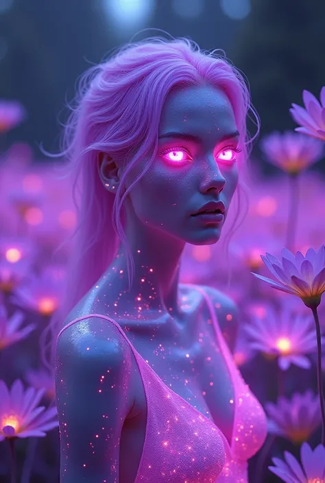 "A futuristic, otherworldly woman with luminous, neon purple features. Her eyes and hair emit a radiant violet glow, blending seamlessly with the surrounding environment. The scene is set in an enchanted digital forest, where holographic plants and flowers...