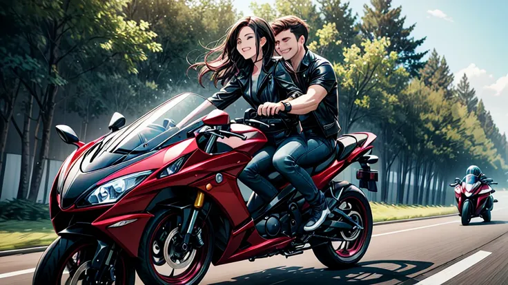 A young couple is pictured enjoying a ride on a sleek, red and black Yamaha R15 V3 motorcycle. The man, dressed in a red and black checkered shirt, is seated at the front, confidently steering the bike with one hand on the handlebar and the other casually ...