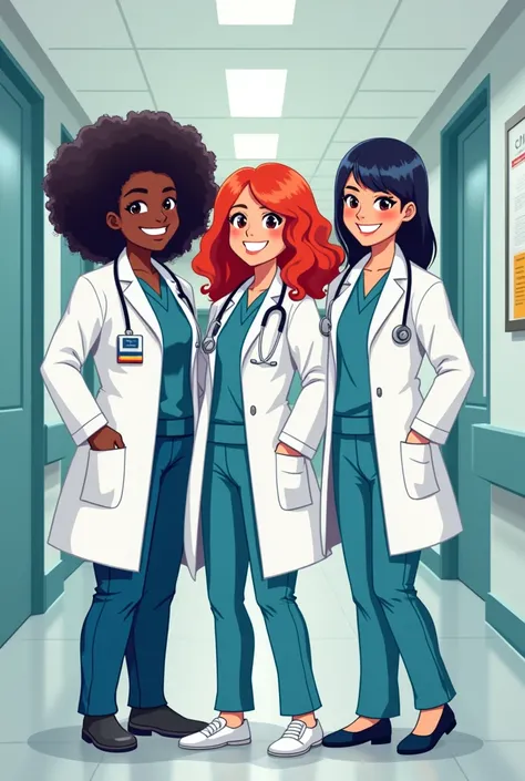 image of a dark-skinned doctor, with curly hair smiling next to a red-haired doctor smiling and a Japanese doctor with straight hair smiling, all in pixels 