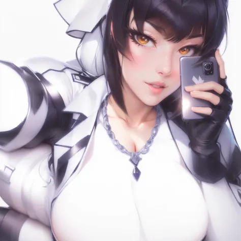 Anime girl with big breasts lying on the floor holding a cell phone, extremely detailed artegerm, artegerm style, style artegerm, ig model | artegerm, like artegerm, artegerm. animated illustration, range murata and artegerm, artegerm. High detail, arteger...