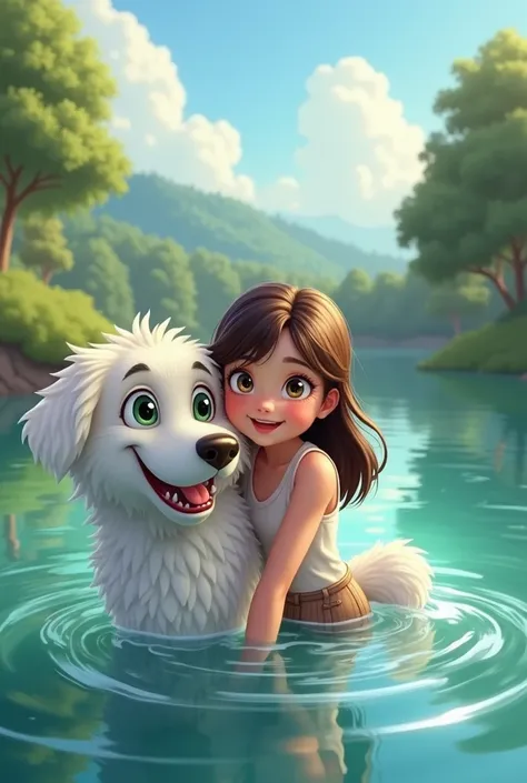 An image of a happy girl with her dog in a very beautiful landscape and playing in a lake, The dog has to be white with green eyes and a brown nose., the brunette girl straight hair and half jhatsa half back 