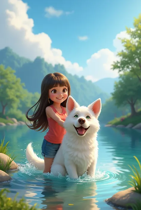 An image of a happy girl with her dog in a very beautiful landscape and playing in a lake, The dog has to be white with green eyes and a brown nose., the brunette girl straight hair and half jhatsa half back 