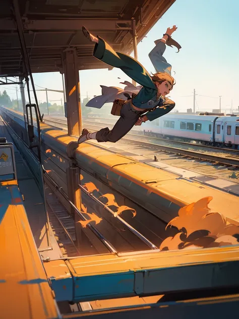 naughty man,A cowboy, simple clothing, jumping off a train 