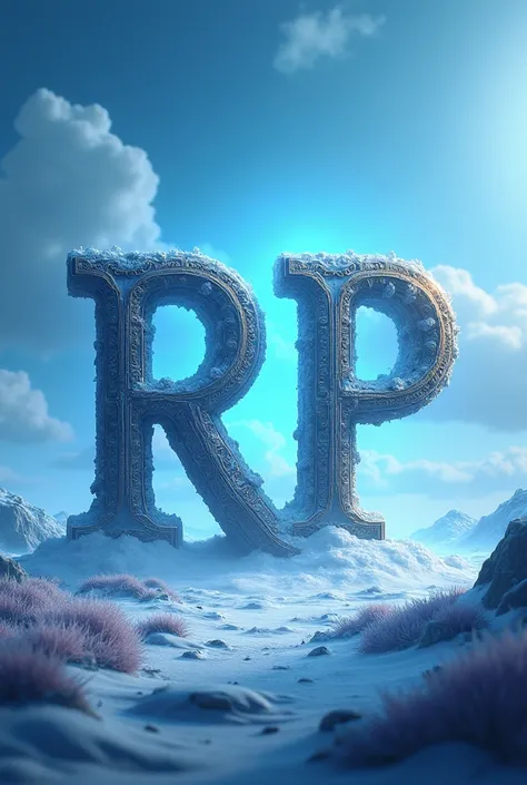 Make a 700 x 700 image with a light blue animated setting and the letters RP centered and large with legendary lettering, do it like an advertising poster