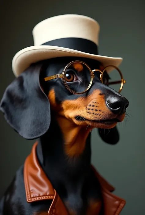 Black Dachshund,  wearing glasses in the striking steam punk style, white top hat with black stripe, side photo with snout slightly close to the camera, looking to the right
