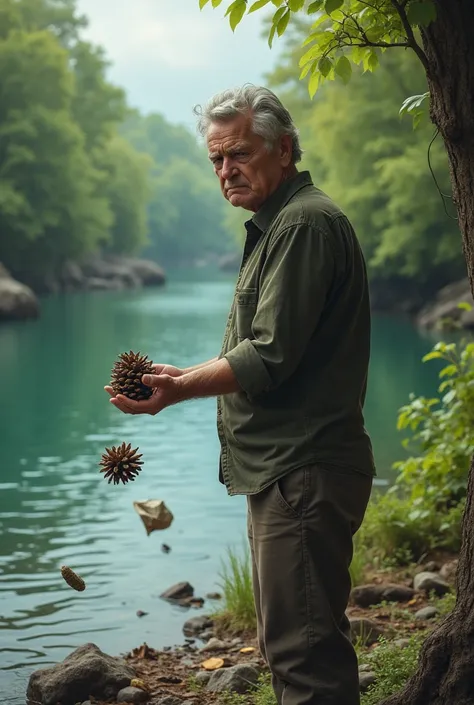 A critical image of A man fishing in a river, picking up a pine cone and criticizing: just trash, then at the same time he threw garbage into the water 