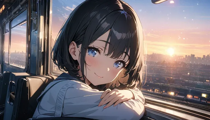 ((ultra-detailed))/ (one women with short black hair and bob hair.、beautiful blue eyes,.、smile、gentle smile on her face、flat chest, one Beautiful girl,((masterpiece, illustration, best quality) ((ultra-detailed))/), sleeping on a train with her head leanin...