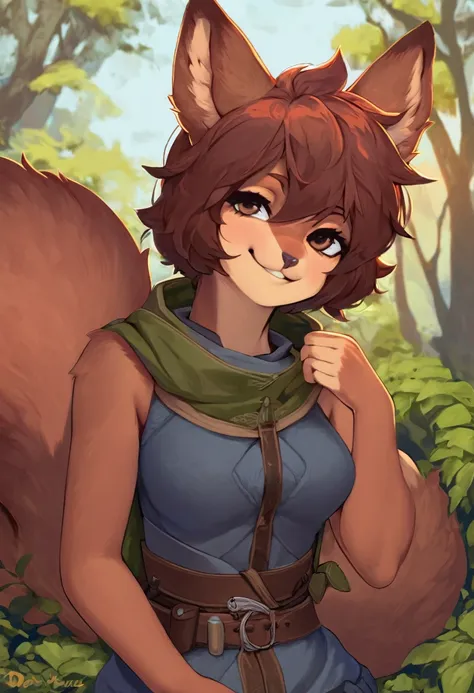 Best Quality, super detailed illustration, (fluffy squirrel boy:1.4) , female face and body, thick and unkempt hair, adventurer equipment,  cocky smile, half closed eyes , femboy, small waist, Wide hips, delgado, perfect body, DND style