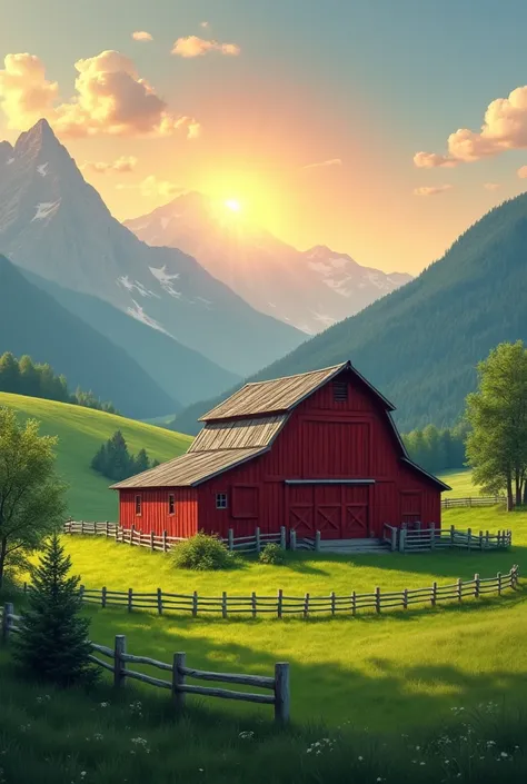 azenda with red barn, green pastures, Fences, mountains in the background and a rising sun