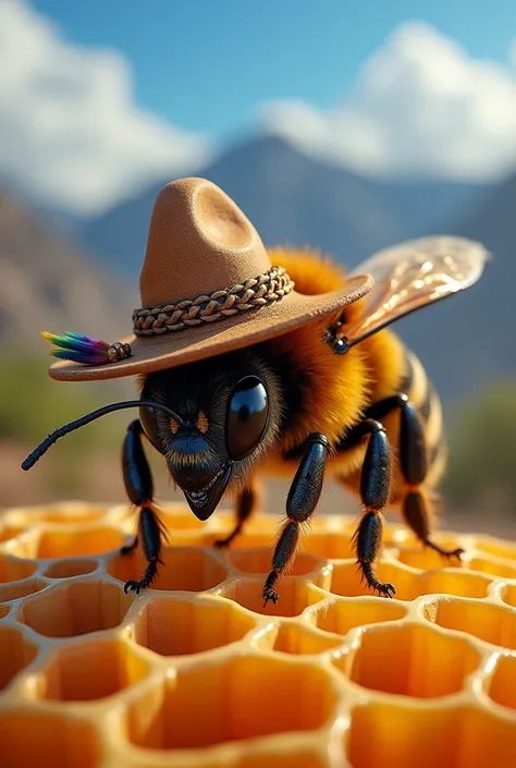 Create a hyper-realistic image of an Africanized honeybee, with a robust appearance and velvety coat. His compound eyes, big and bright, convey intelligence and curiosity. The bee is wearing a sun-cracked leather hat, with a braided straw ribbon and a colo...