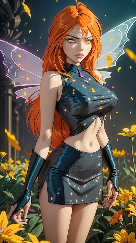 (ultra realistic,32k, masterpiece:1.2),(high detailed skin:1.1),( high quality:1.1),
Dark Bloom,rolling eyes, orange hair, very long hair, yellow eyes, boots, black skirt, gloves, black shirt, wings, sparkling clothing, thighhighs, flower field,(fire flowe...