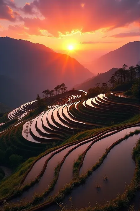 Sunset in the Rice Terraces of Yuanyang: Imagine the sun setting over the intricate rice terraces of Yuanyang in Yunnan Province. The terraces, filled with water, reflect the fiery colors of the sky, creating a mesmerizing mirror effect. The suns rays danc...