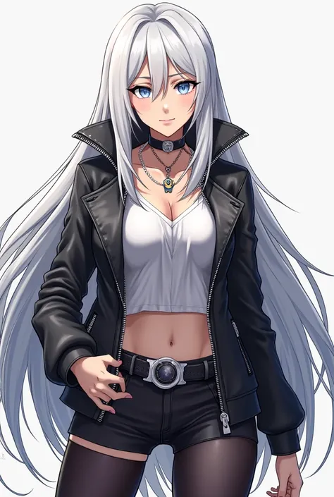 Female character anime version with long white hair, usually stylized in an aggressive way. His eyes are intense and expressive, firm look, has an upright and confident posture, bold clothing style, leather jackets, tights and silver accessories, visible t...