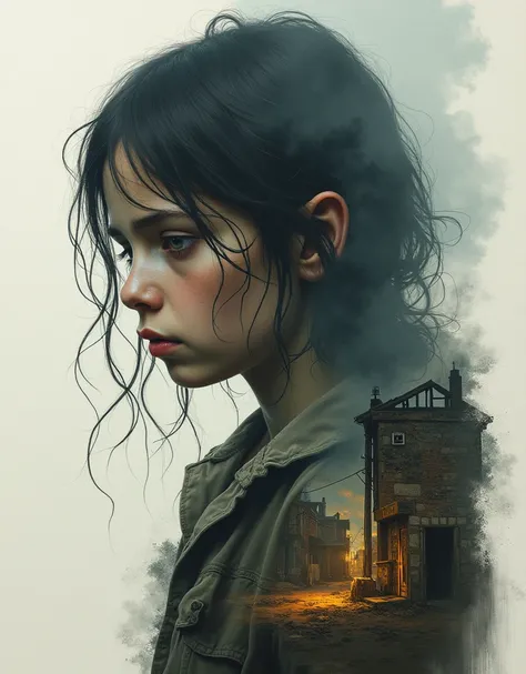 (((Highly detailed oil painting of Claude-Monet a desolate)))  and weary girl with worn out facial features, in the style of Bill  Carman, Richard Burlet, Brian M. Viveros, Cyril Rolando, featuring  double exposure with an old and poor town,  dehazed, shar...