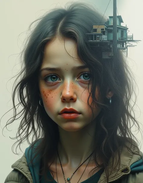 (((Highly detailed oil painting of Claude-Monet a desolate)))  and weary girl with worn out facial features, in the style of Bill  Carman, Richard Burlet, Brian M. Viveros, Cyril Rolando, featuring  double exposure with an old and poor town,  dehazed, shar...