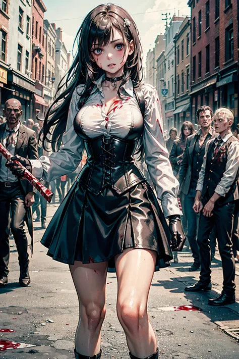 (blood), (blood en la ropa), (blood en el rostro), (blood en el cuerpo), masterpiece, Superior image quality, High resolution, 4k image,photo and gross, photorealistic, 1 young 15 year old girl fighting zombies, {{{vagina}}}, fighting pose, big breasts, be...