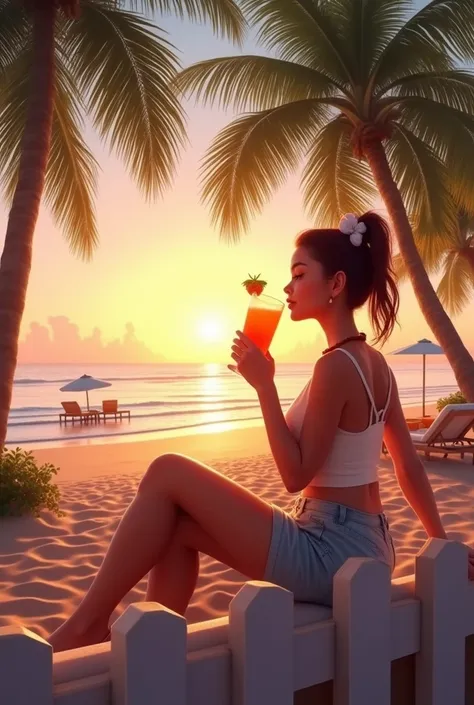 A young woman drinking a cocktail at sunset on a tropical beach. Behind her, theres a white picket fence, tall palm trees with lush green fronds, and a serene sandy beach. The sun is setting, casting a warm, amber glow over the scene, with the sky a gradie...