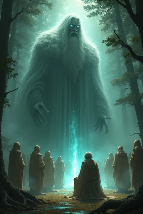 The stranger, who was none other than an ancient spirit of the forest, revealed his true form—a being of light and shadow, representing the balance between life and death.
Standing facing  the king, the king is an old wise looking man dressed in regal but ...